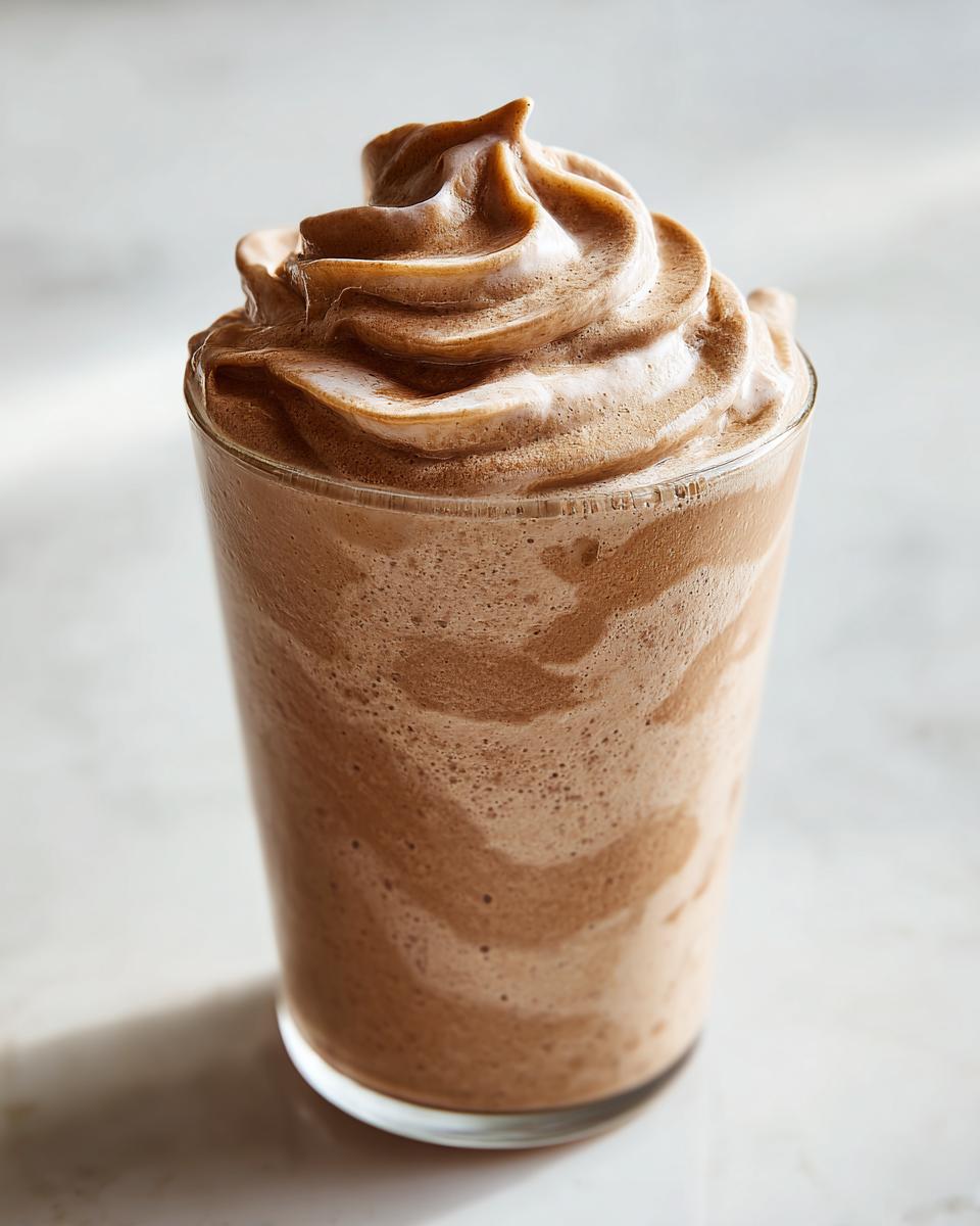 Close-up of a thick, brown peanut butter banana smoothie topped with a swirl of whipped topping.