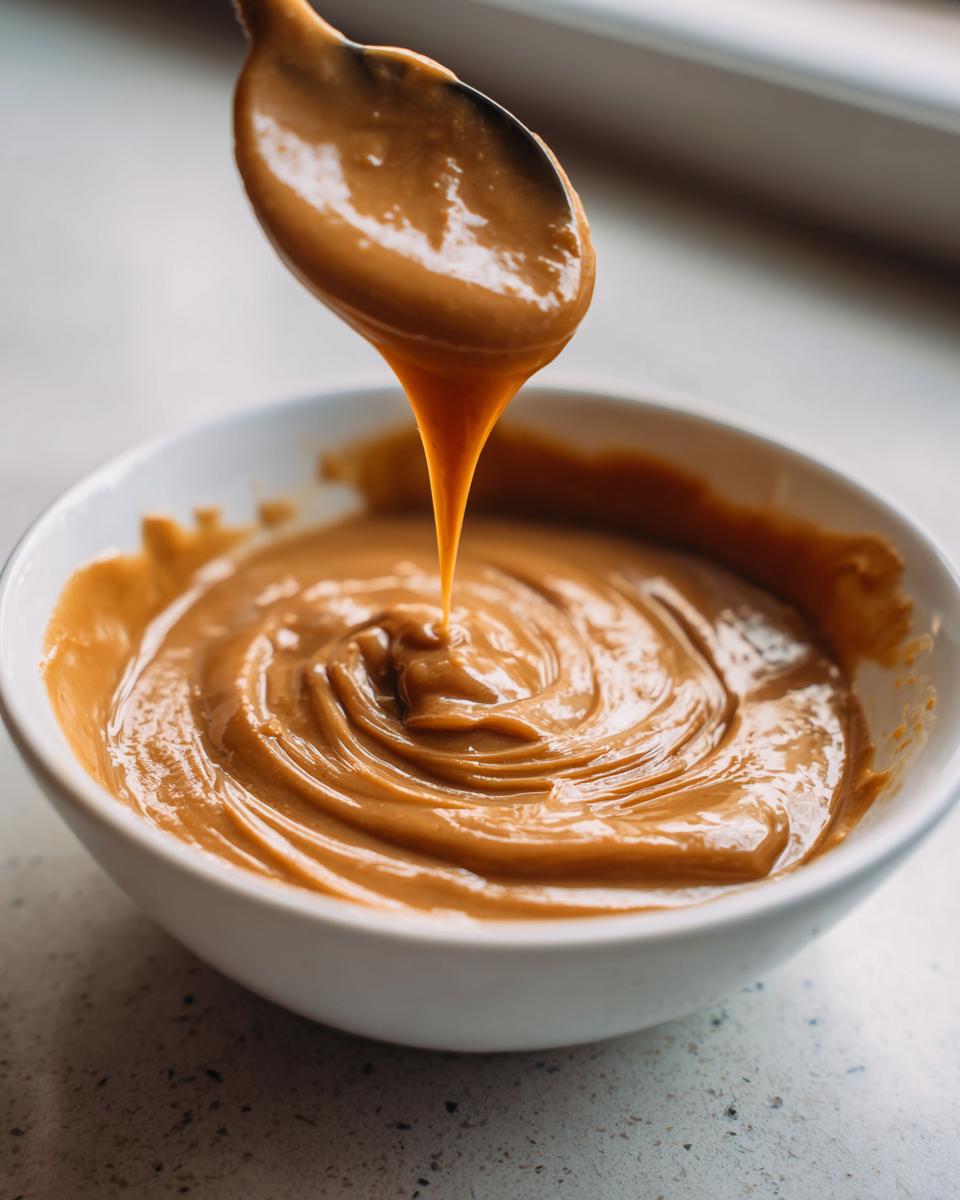 A spoonful of thick, creamy peanut sauce drips down into a white bowl showing swirling textures.