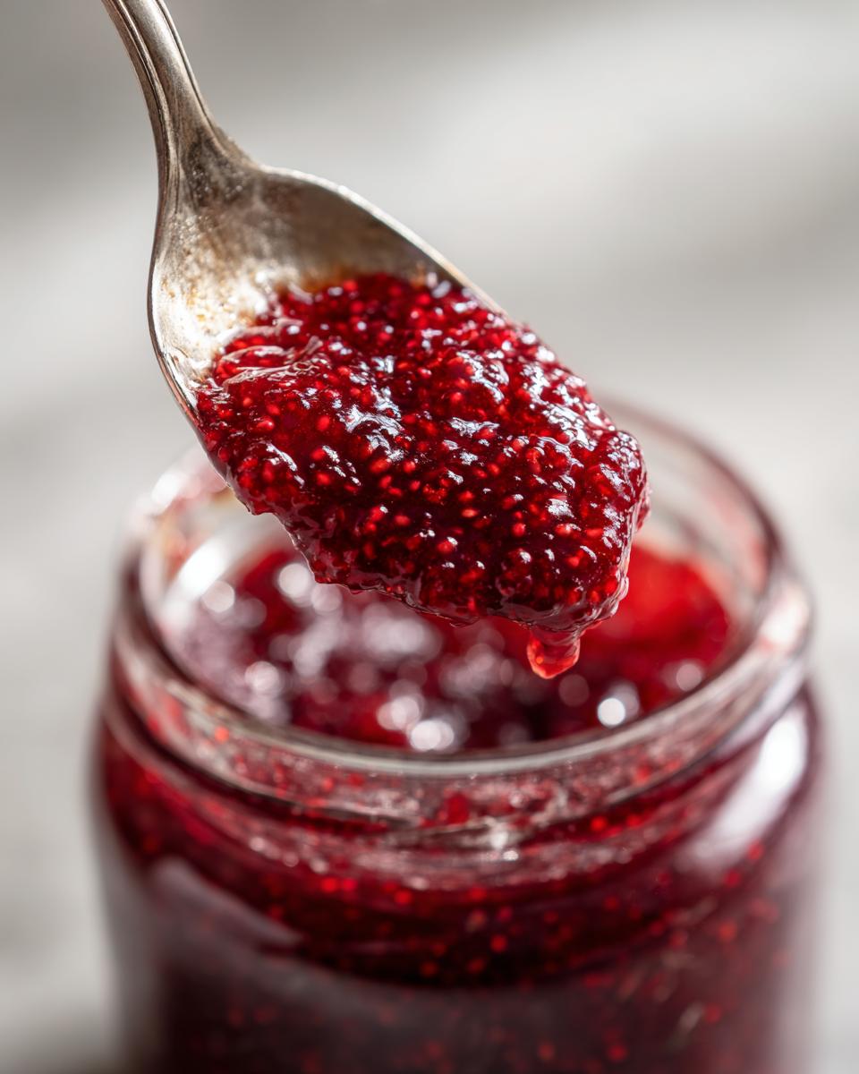 A spoonful of thick, vibrant red raspberry jam, showing many seeds, being lifted from a glass jar.