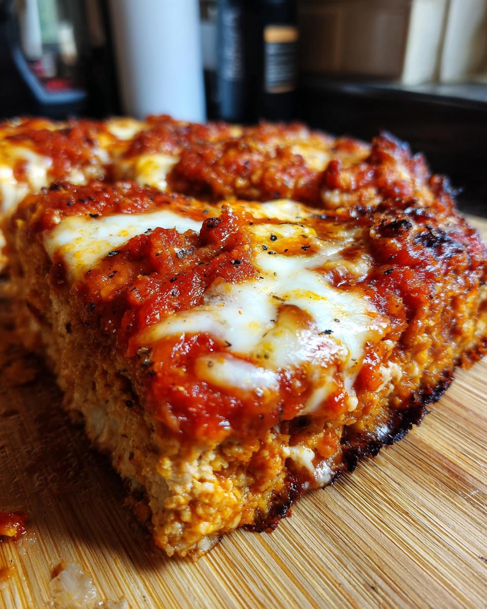 Close-up of a thick, square slice of chicken crust pizza topped with rich tomato sauce and melted mozzarella cheese.
