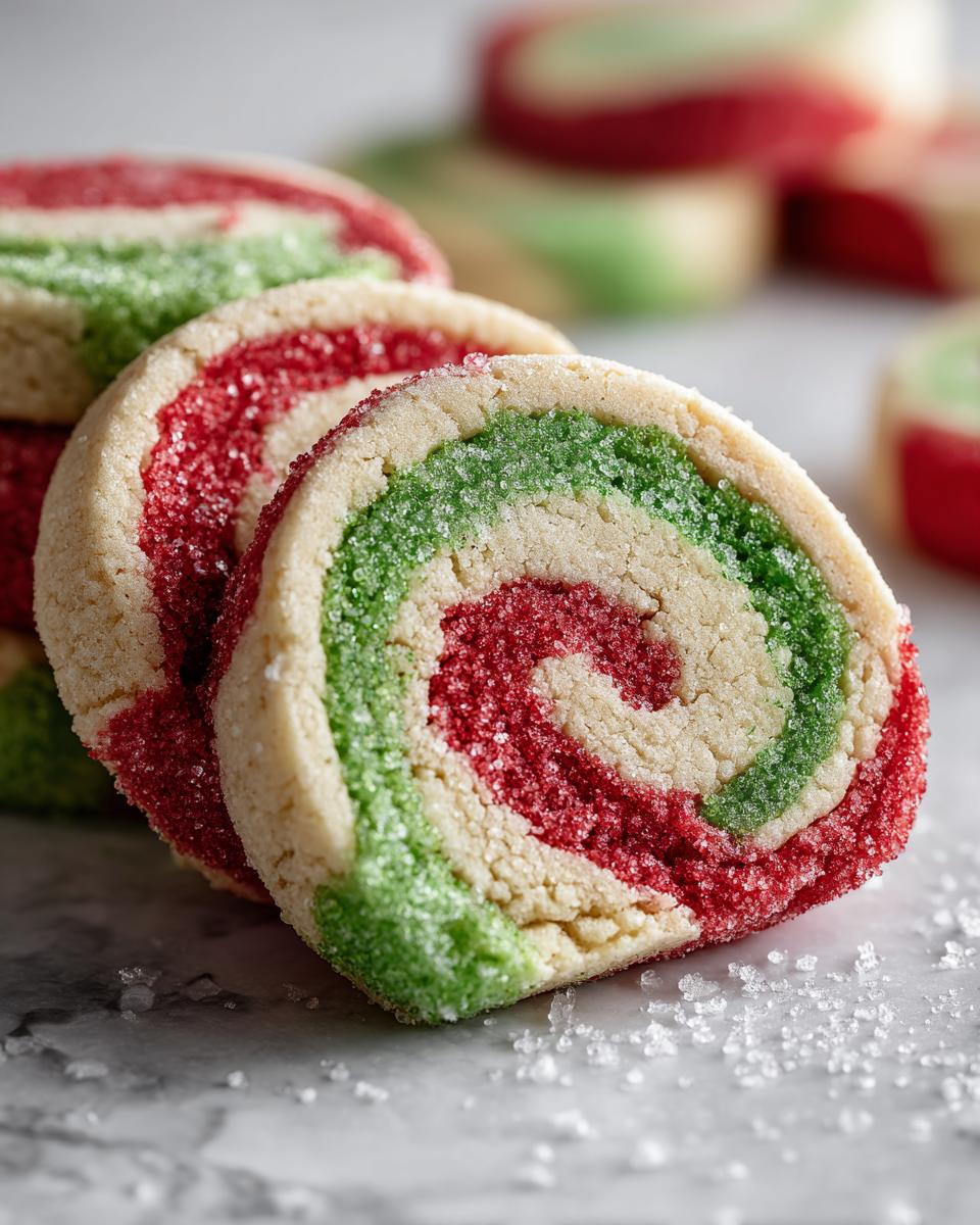 Close-up of sliced, festive red, green, and white pinwheel cookies coated in sparkling sugar.
