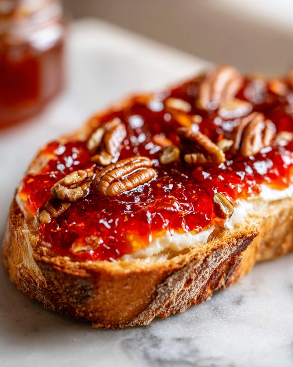 Close-up of toasted bread topped with creamy cheese, bright red pepper jelly, and pecans, similar to a pepper jelly cheese dip.