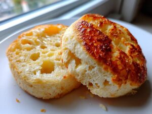 Two halves of a toasted homemade English muffin, showing the signature nooks and crannies, glistening with melted butter.