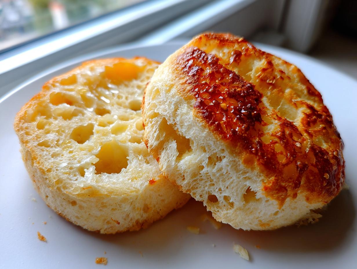 Two halves of a toasted homemade English muffin, showing the signature nooks and crannies, glistening with melted butter.