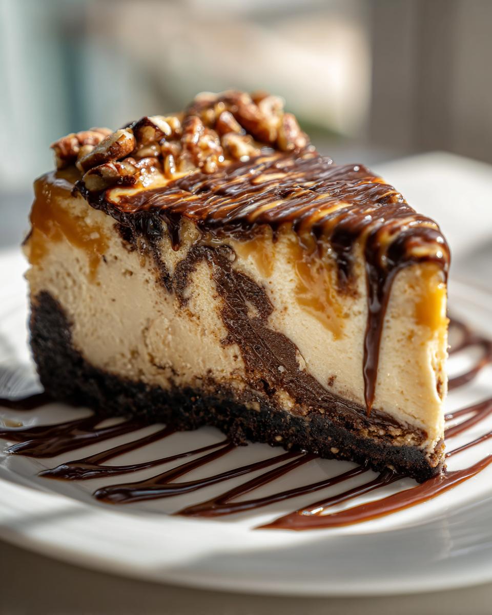 A decadent slice of turtle cheesecake featuring a dark crust, creamy filling, caramel, chocolate drizzle, and pecans on top.