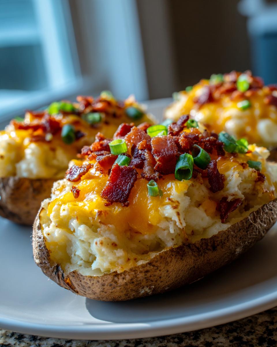 Close-up of a fluffy twice baked potato loaded with melted cheddar cheese, crispy bacon bits, and green onions.