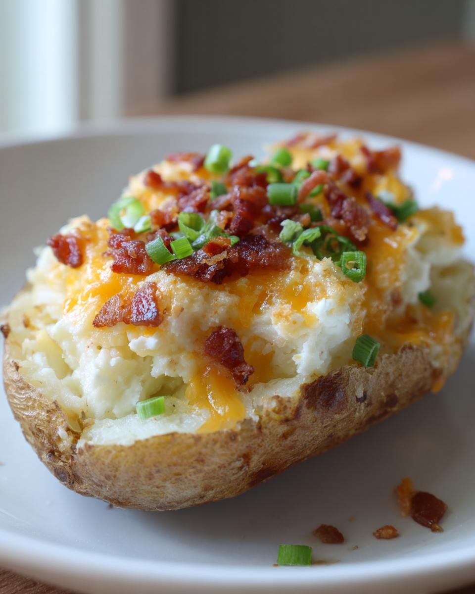 A close-up of a perfectly twice baked potato, stuffed with creamy filling, melted cheddar cheese, bacon bits, and green onions.