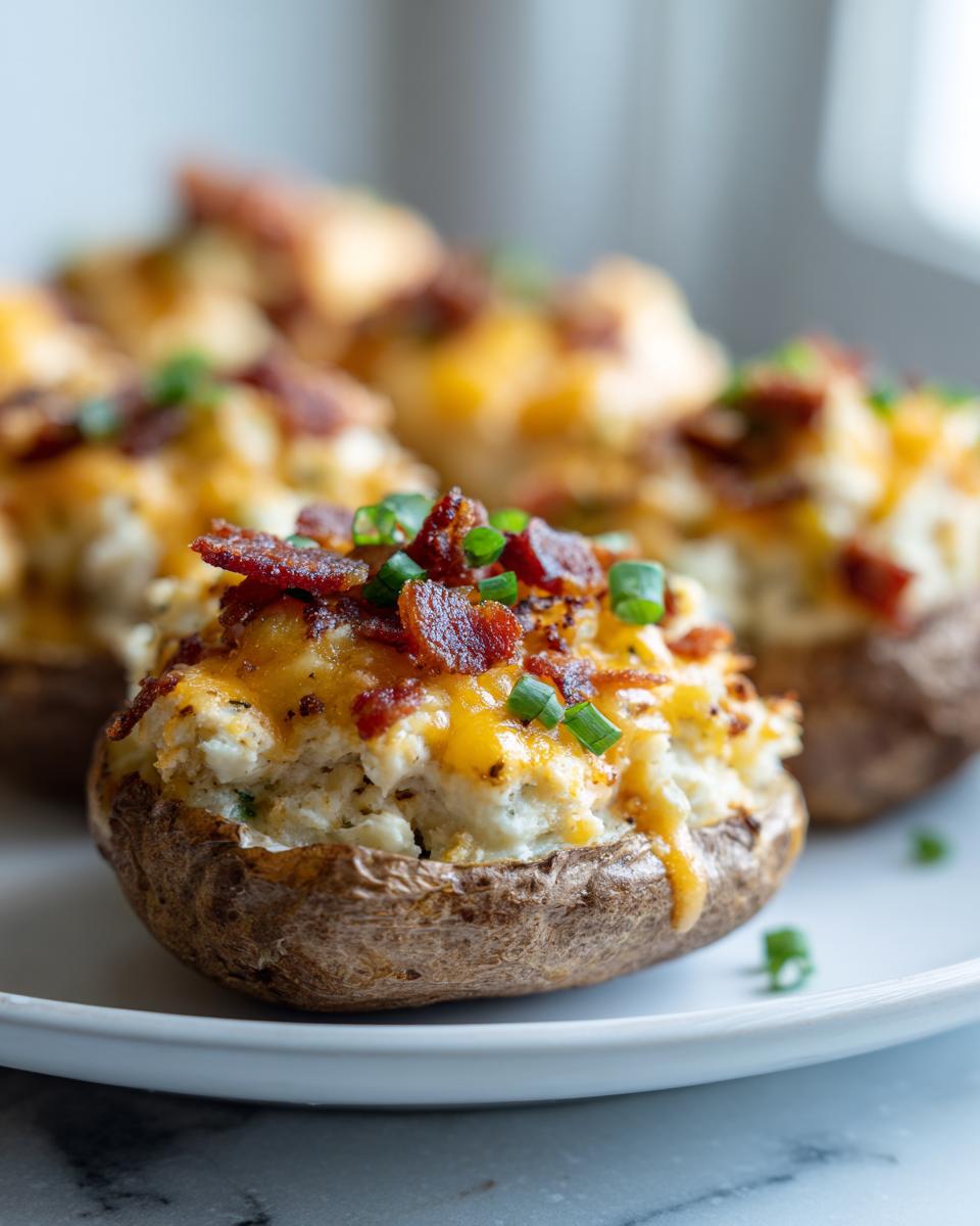 Close-up of a twice baked potato stuffed with creamy filling, topped with melted cheddar cheese, bacon bits, and chives.
