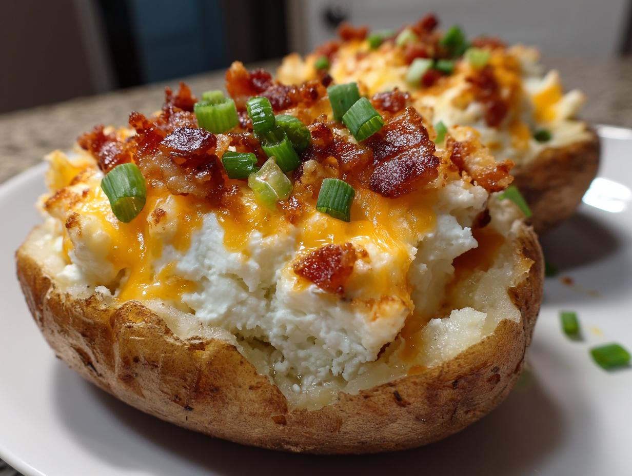 Close-up of a delicious twice baked potato stuffed with creamy filling, melted cheddar, bacon bits, and green onions.
