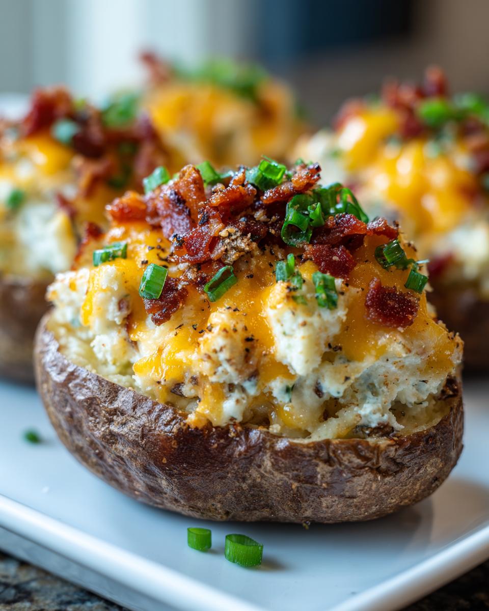 Close-up of a delicious twice baked potato stuffed with creamy filling, melted cheddar, bacon bits, and chives.
