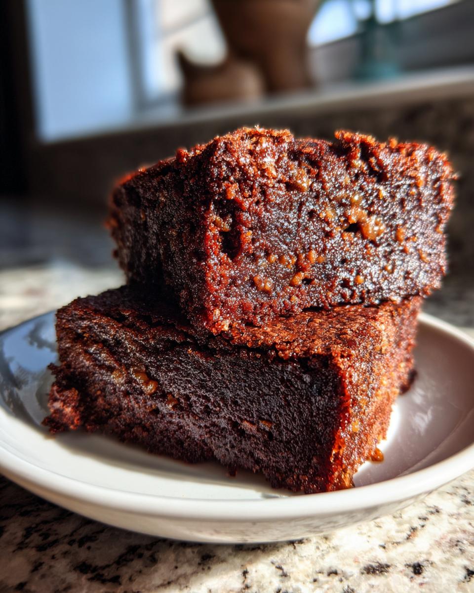Two moist, dark gingerbread brownies stacked on a small white plate, highlighted by natural sunlight.
