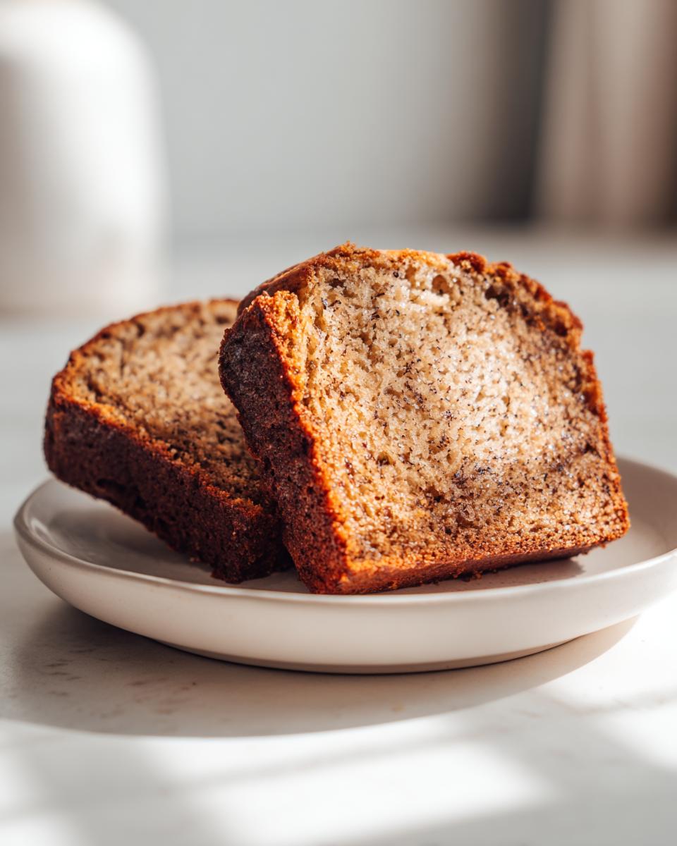 Two thick slices of moist greek yogurt banana bread resting on a small, light-colored plate.