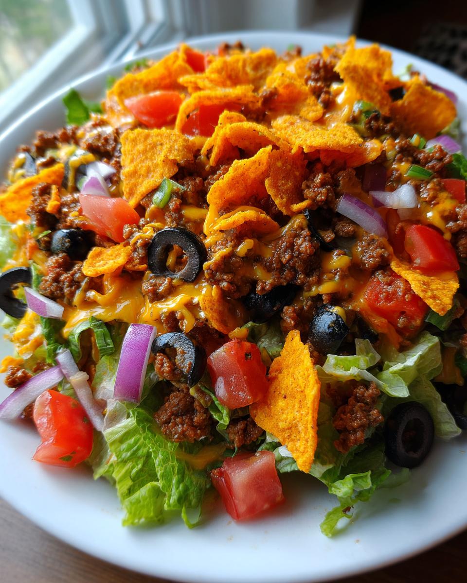 A vibrant close-up of an ultimate easy taco salad featuring seasoned ground beef, melted cheese, tomatoes, olives, and tortilla chips.