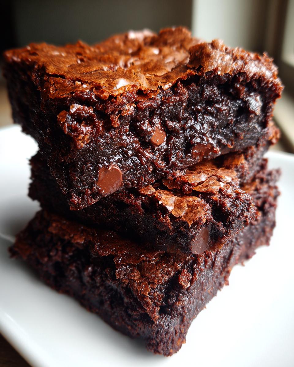 Close-up of a stack of three incredibly fudgy brownies with shiny, crackly tops and visible chocolate chips.
