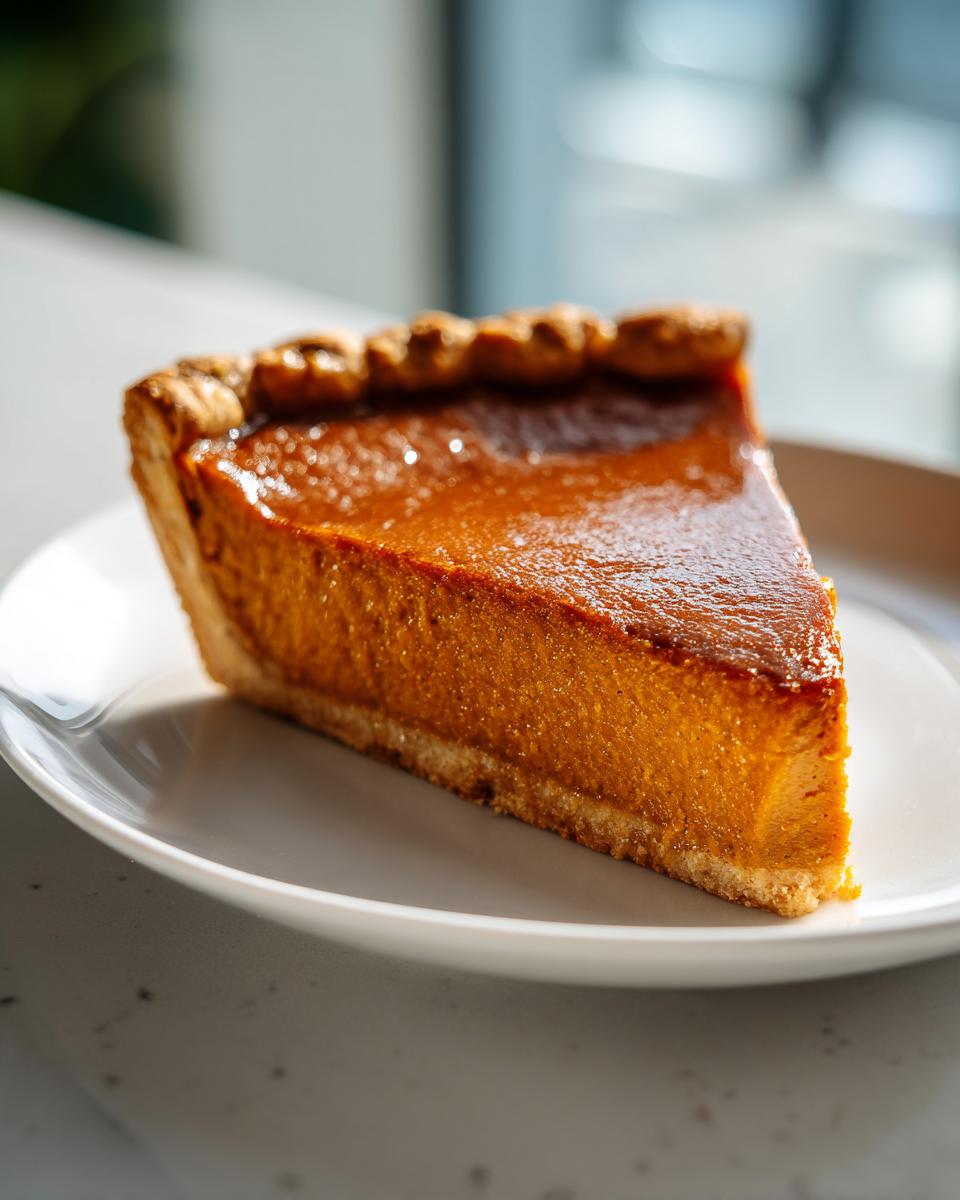 A close-up, brightly lit slice of vegan pumpkin pie with a thick, smooth orange filling and crimped crust on a white plate.