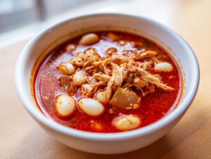 Close-up of a white bowl filled with rich red broth, shredded chicken, and hominy in this delicious chicken pozole.