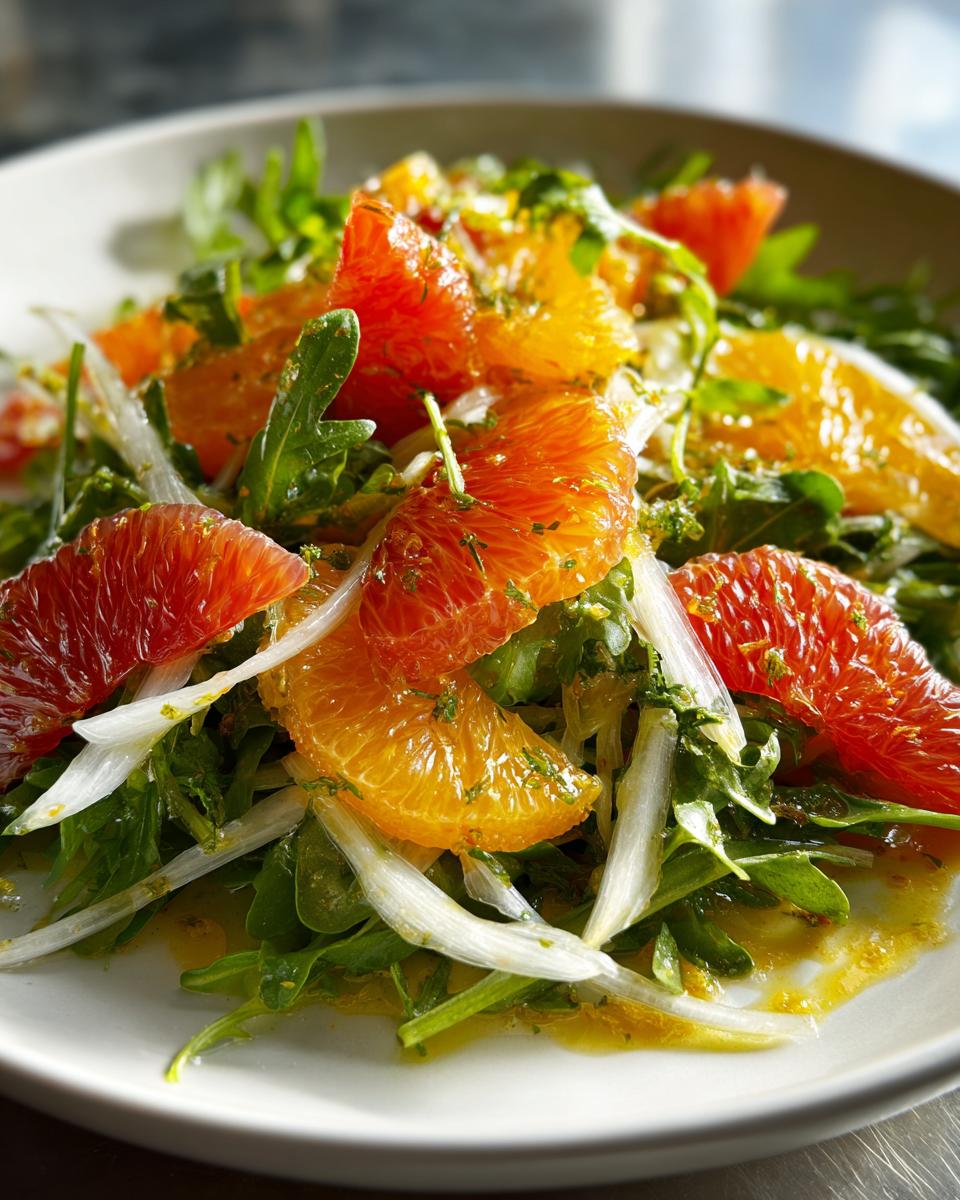 Close-up of a vibrant citrus salad featuring blood orange and navel orange segments over arugula and shaved fennel.