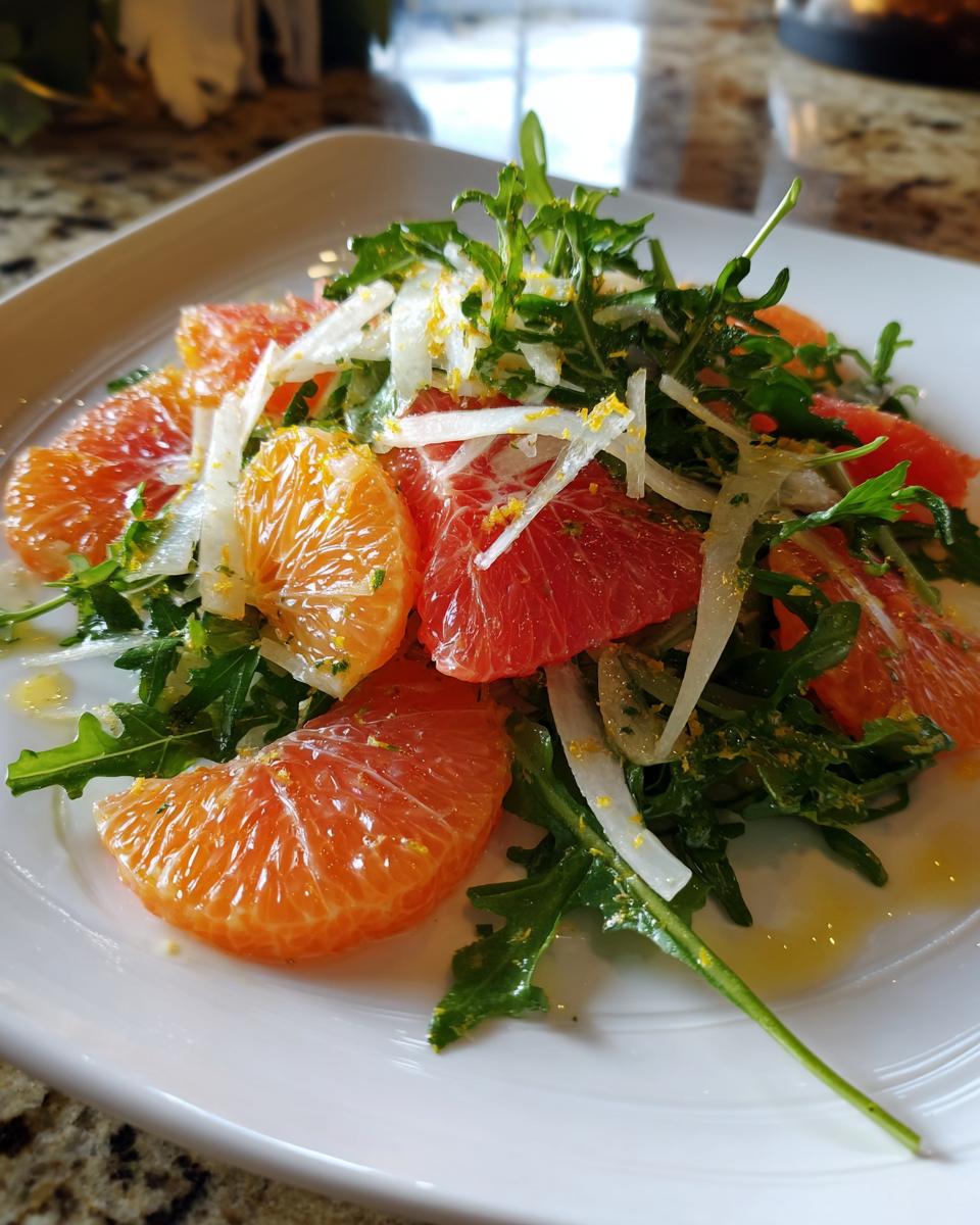 Close-up of a refreshing citrus salad featuring grapefruit and orange segments over arugula, topped with shaved fennel.