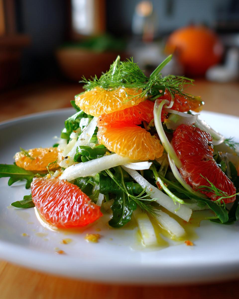 A close-up of a vibrant citrus salad featuring orange and grapefruit segments over arugula, fennel, and dill.