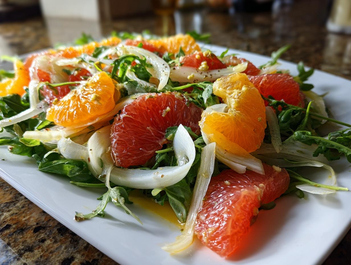 Close-up of a vibrant citrus salad featuring segments of red grapefruit, orange, arugula, and shaved fennel on a white plate.