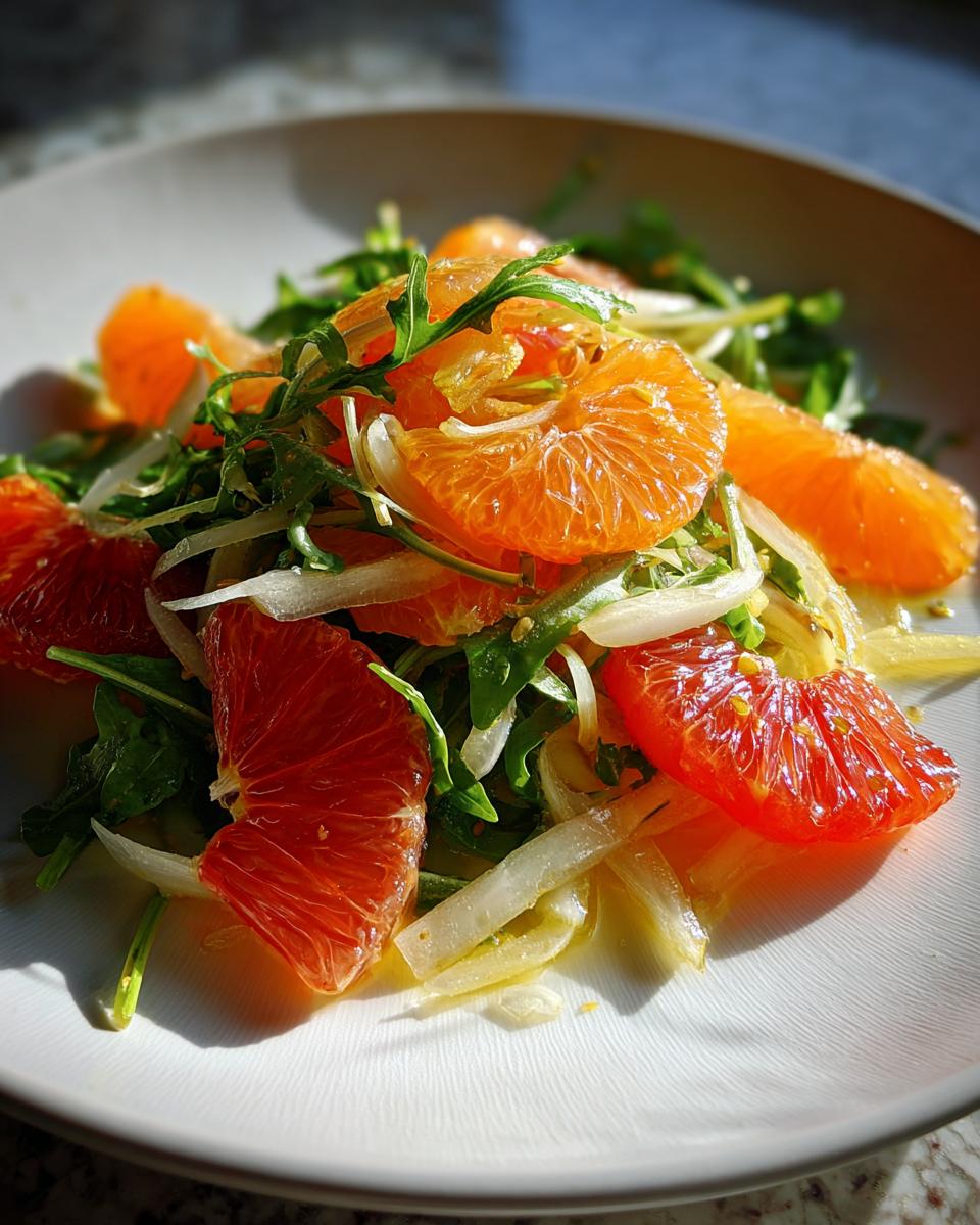 Close-up of a bright citrus salad featuring segments of grapefruit, orange, shaved fennel, and arugula.
