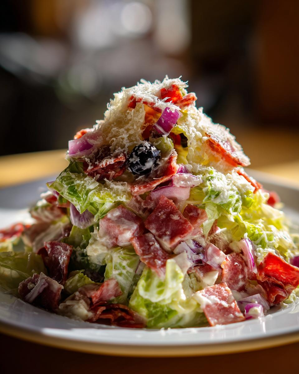 A tall mound of grinder salad featuring chopped lettuce, salami pieces, red onion, and olives, heavily topped with grated cheese.
