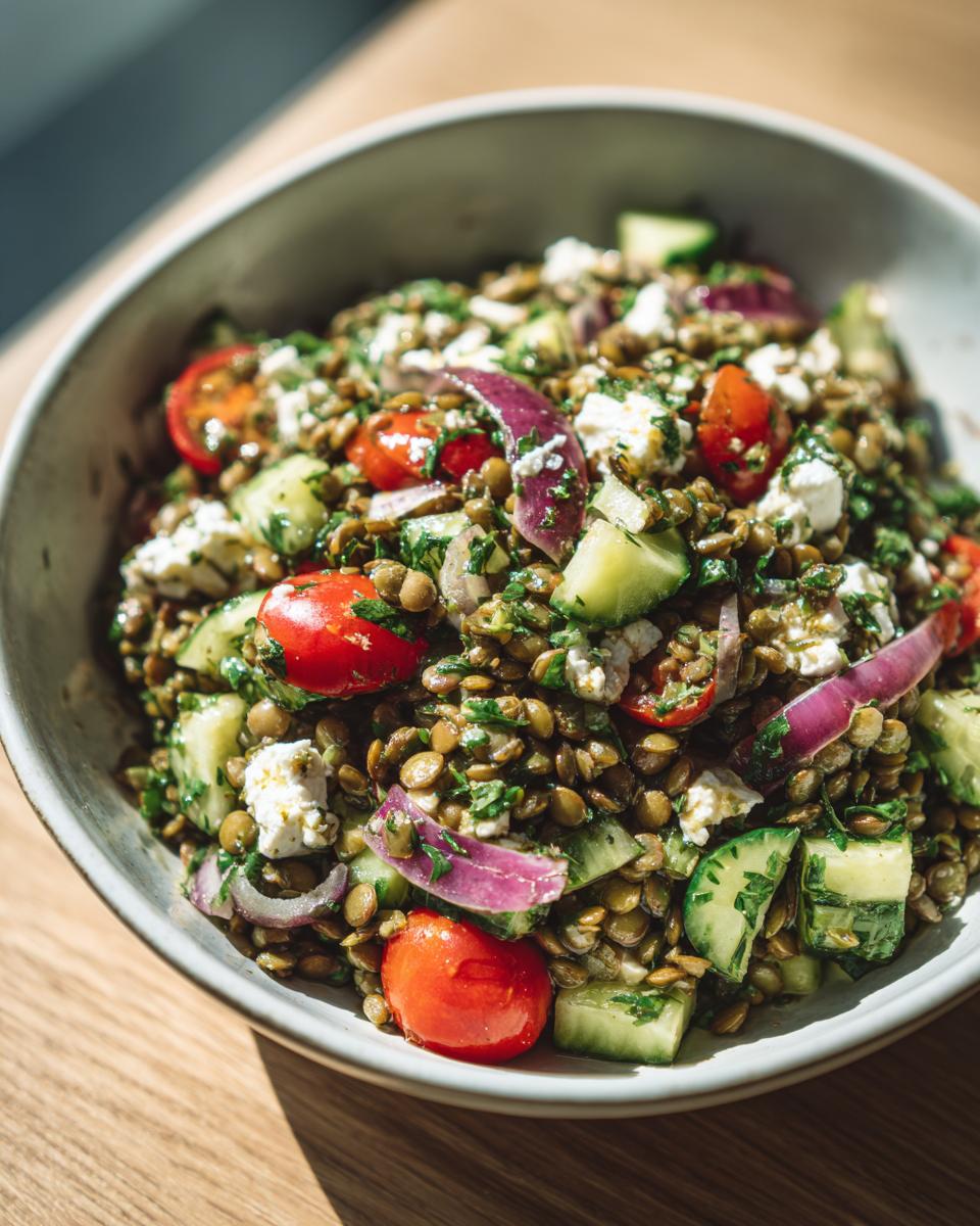 Close-up of a bowl filled with a fresh lentil salad featuring green lentils, cherry tomatoes, cucumber, red onion, and feta cheese.