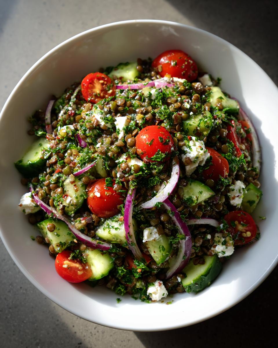 Close-up of a vibrant lentil salad featuring brown lentils, cherry tomatoes, cucumber chunks, red onion slices, and feta cheese.