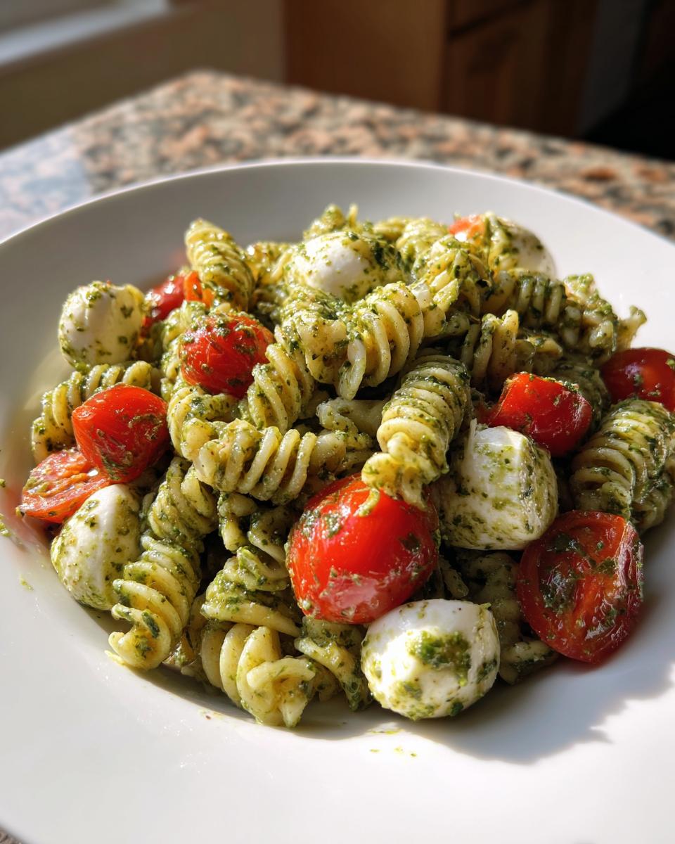 Close-up of a white bowl filled with pesto pasta salad featuring rotini, cherry tomatoes, and fresh mozzarella balls.