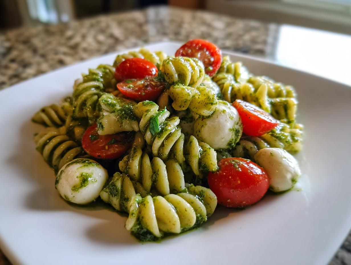 Close-up of a serving of pesto pasta salad featuring fusilli pasta, cherry tomatoes, and small mozzarella balls.