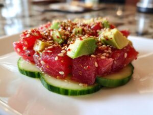 Close-up of a beautiful tuna tartare stack layered over cucumber slices and topped with diced avocado and sesame seeds.