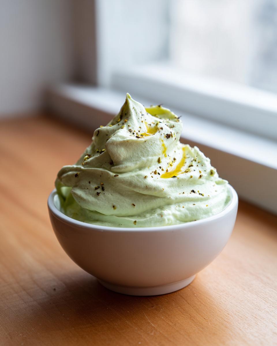 A serving of light green, whipped olive dip topped with olive oil and herbs in a small white bowl.