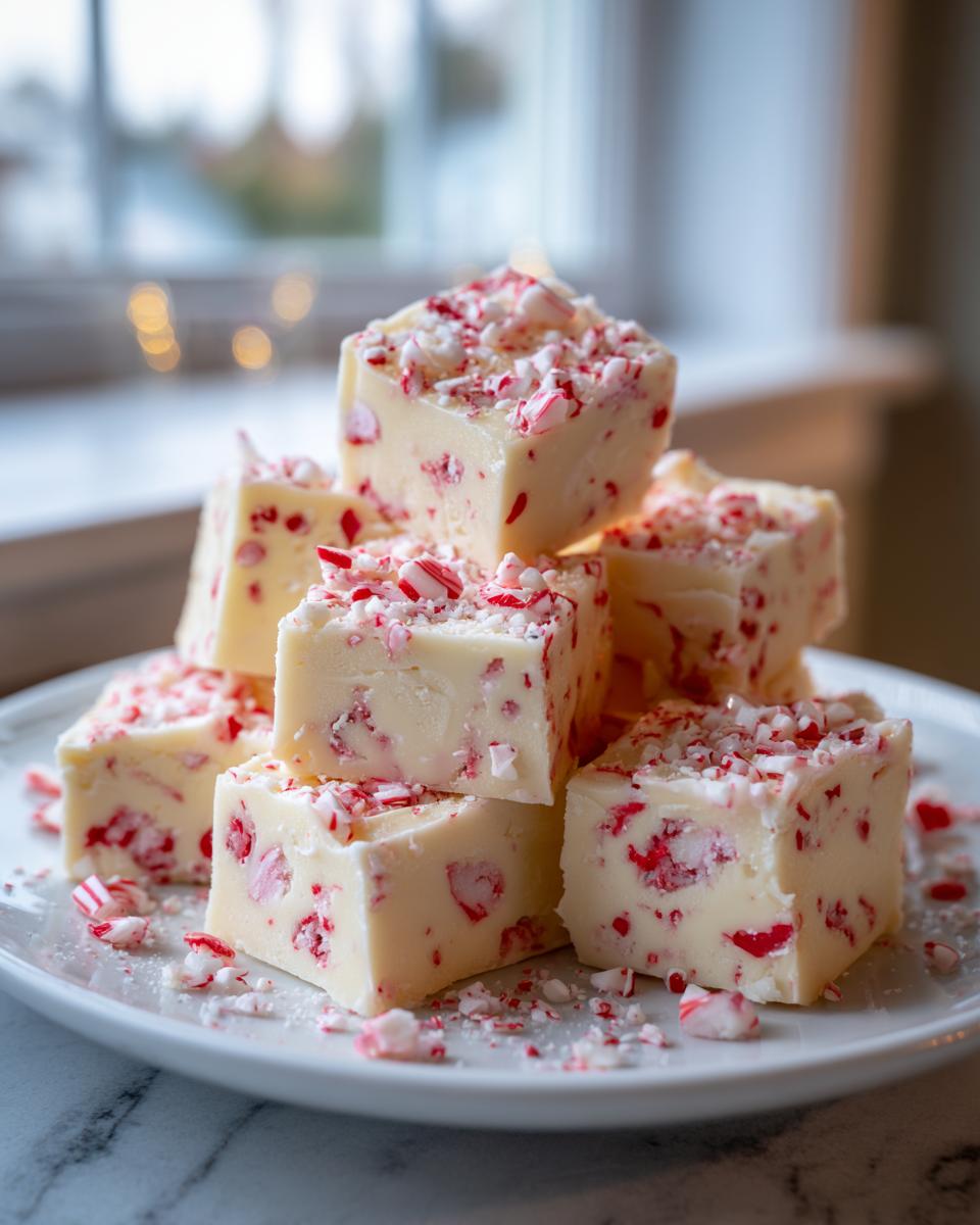 A stack of creamy white chocolate peppermint fudge squares topped with crushed candy canes.