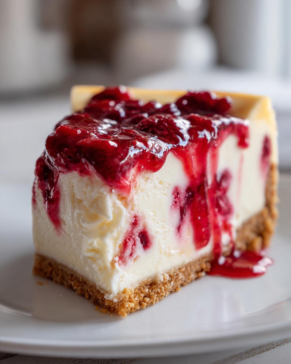 A perfect slice of white chocolate raspberry cheesecake with a graham cracker crust and raspberry topping.