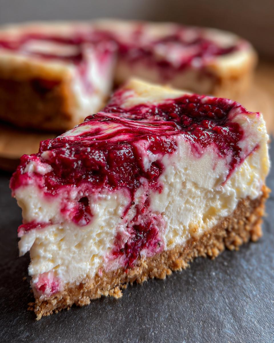 Close-up of a slice of white chocolate raspberry cheesecake with a graham cracker crust and raspberry swirl topping.