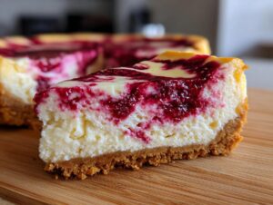 Close-up of a thick slice of white chocolate raspberry cheesecake with a graham cracker crust.