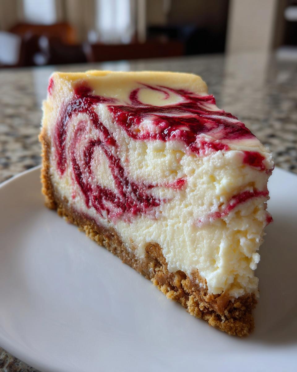 A single, thick slice of white chocolate raspberry cheesecake with a graham cracker crust and raspberry swirl.
