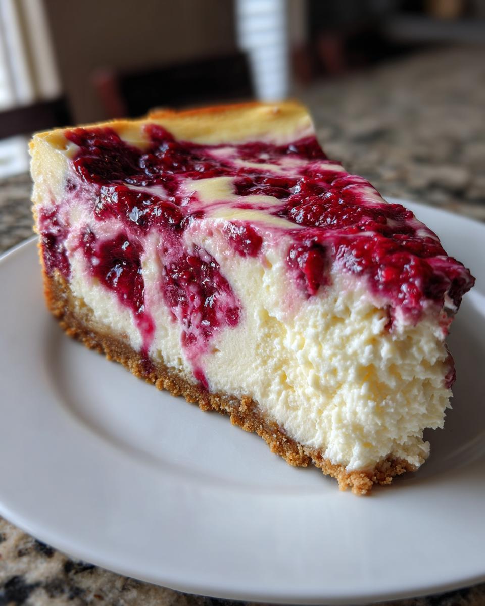 A perfect slice of white chocolate raspberry cheesecake with a graham cracker crust and raspberry swirl.