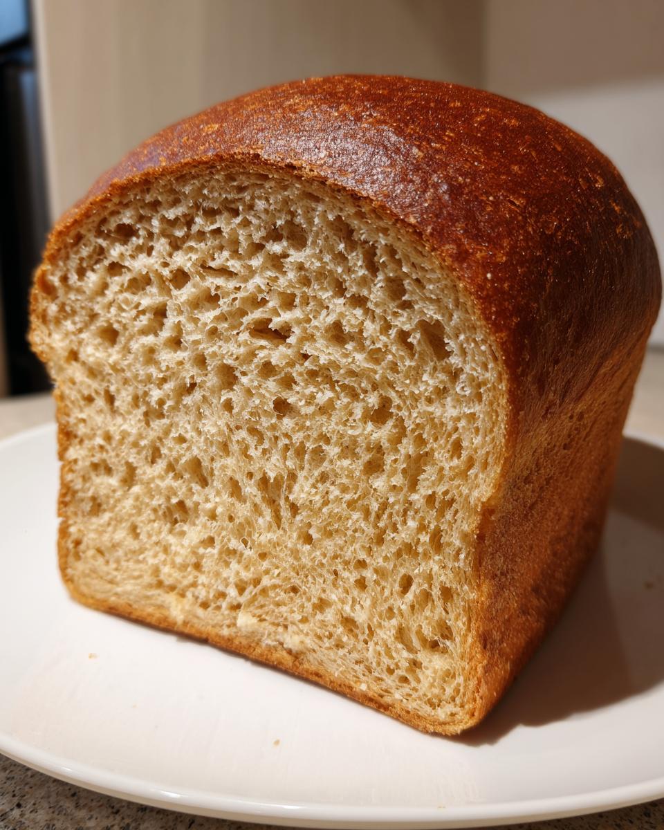 Close-up of a freshly baked whole wheat bread loaf showing the soft, even crumb structure.