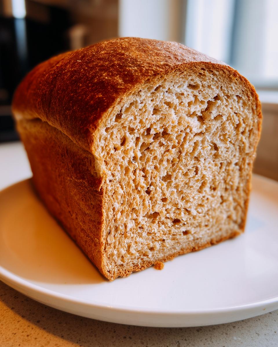 A freshly baked loaf of whole wheat bread, showing a soft, evenly textured crumb and golden-brown crust.