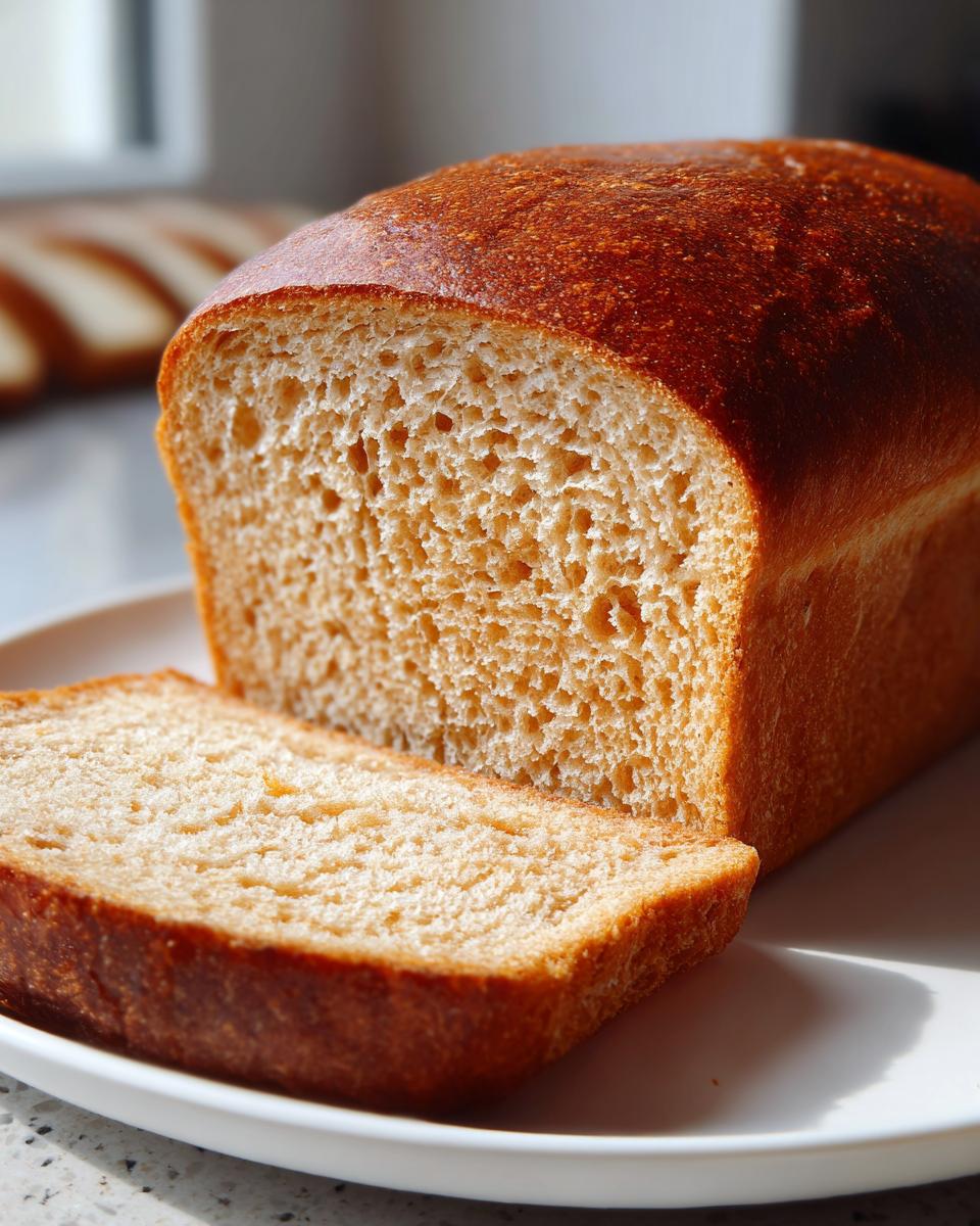 Close-up of a freshly baked loaf of whole wheat bread, sliced to show the soft, even crumb texture.