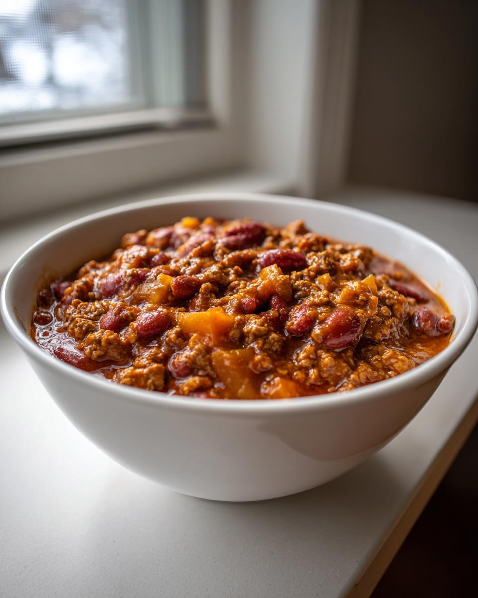 A close-up of a white bowl filled with rich, meaty pumpkin chili and kidney beans, set near a window.