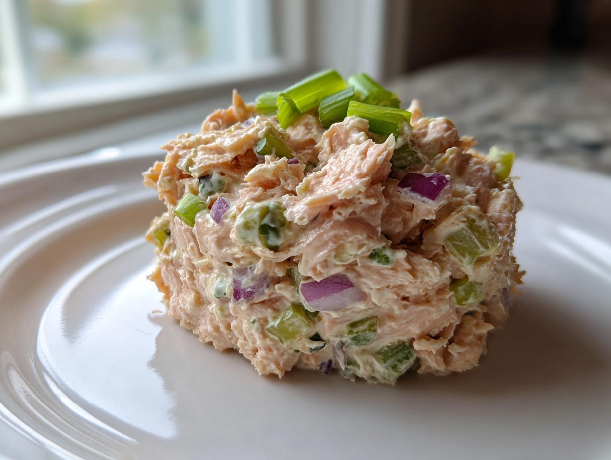 A mound of creamy salmon salad mixed with celery and red onion, topped with green onions, served on a white plate.