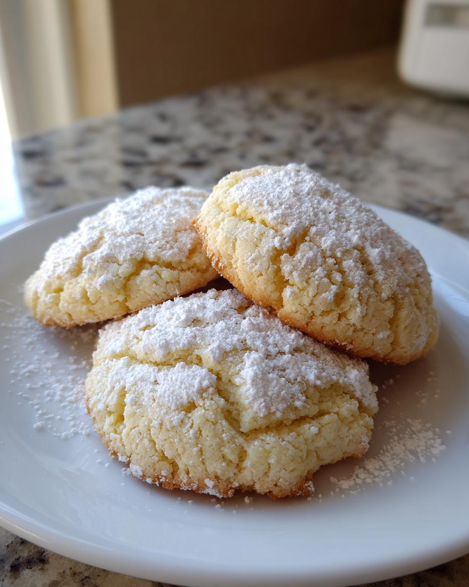 Three golden 3-ingredient butter cookies piled on a white plate, heavily dusted with powdered sugar.