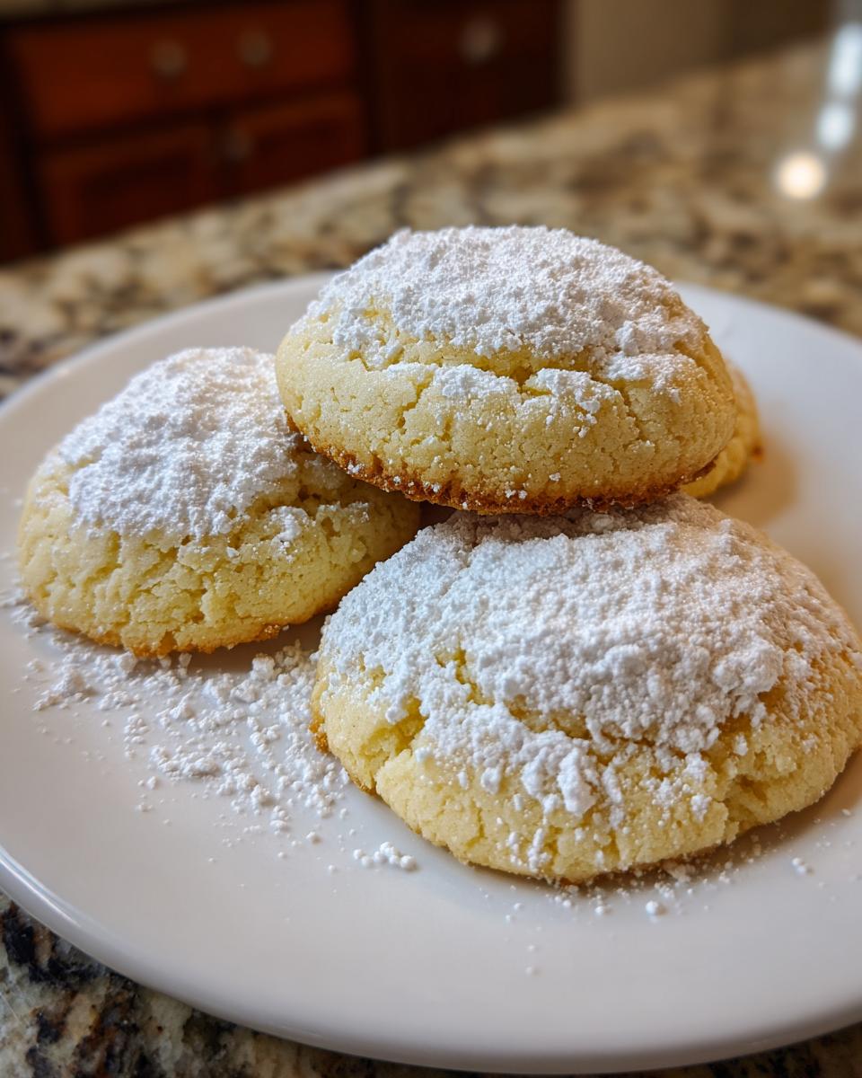 Three soft, round 3-ingredient butter cookies piled on a white plate and heavily dusted with powdered sugar.