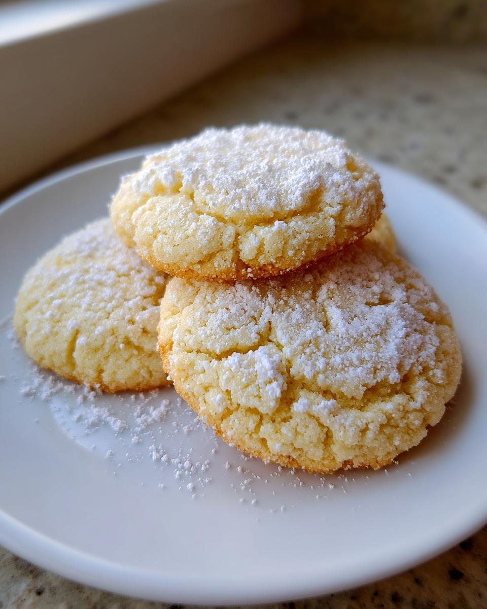 A stack of three soft, golden 3-ingredient butter cookies generously dusted with white powdered sugar on a white plate.