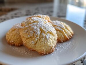 Four golden 3-ingredient butter cookies dusted heavily with powdered sugar on a white plate.