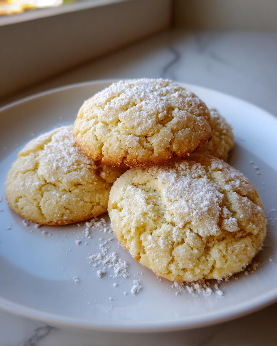 A stack of golden 3-ingredient butter cookies dusted generously with powdered sugar on a white plate.