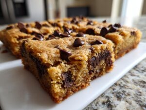 A close-up, low-angle shot of rich, chewy cake mix cookie bars loaded with melted chocolate chips.
