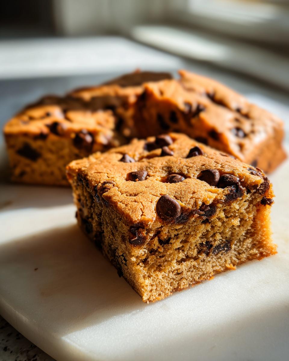 A close-up, sunlit square of soft cake mix cookie bars studded with chocolate chips.